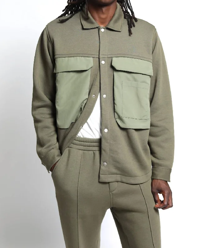 Men's hooded jacket-Men's lightweight athletic wear t-shirt-Sunnyside Brushed Terry Shacket In Army