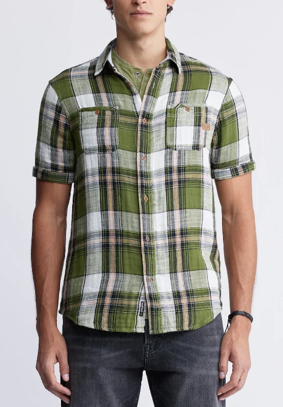 Men's slim fit shirt-Men's weatherproof athletic wear t-shirt-Sachino Men's Short-Sleeve Plaid Shirt in Sphagnum Green - BM24277