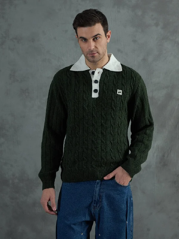 Men's slim fit sweater-Men's sporty exercise t-shirt-Green Cable Knit Polo Sweater