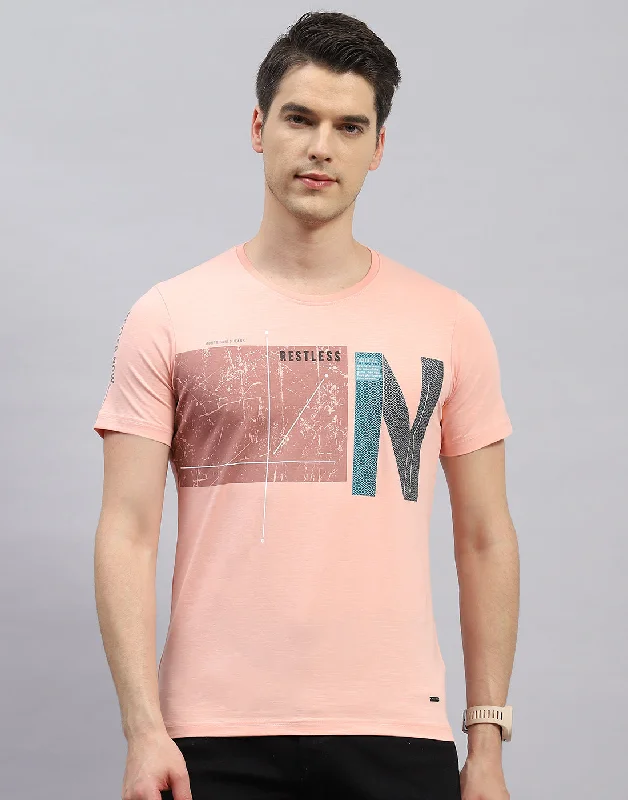 Men's workout-ready athletic t-shirt-Men Pink Printed Round Neck Half Sleeve T-Shirt