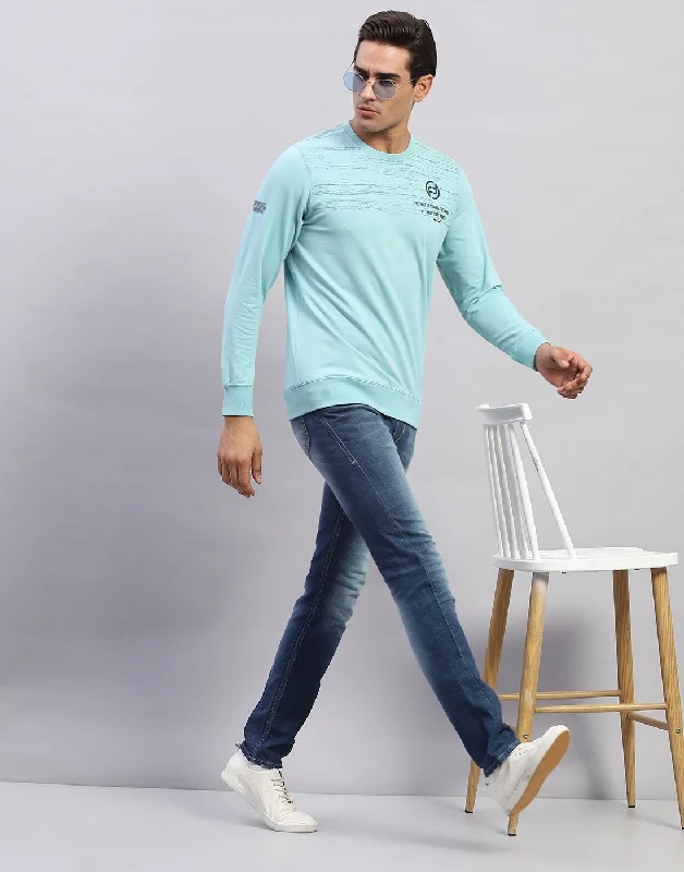 Men's premium workout t-shirt-Men Light Blue Printed Round Neck Full Sleeve Winter T-Shirt