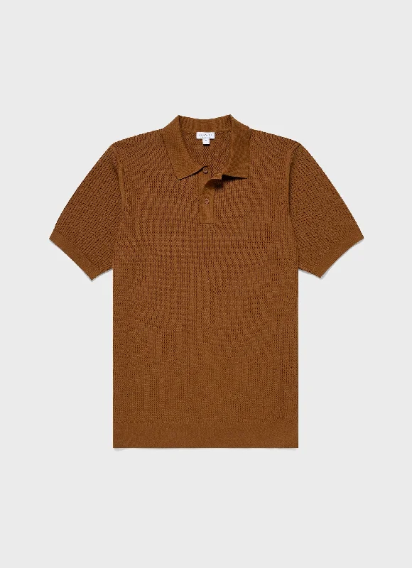 Men's versatile sweater-Men's performance sports t-shirt-Men's Linear Mesh Knit Polo Shirt in Golden Brown