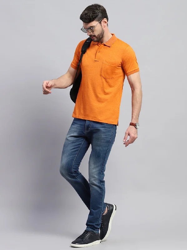 Men's gym performance t-shirt-Men Orange Solid Collar Half Sleeve T-Shirt