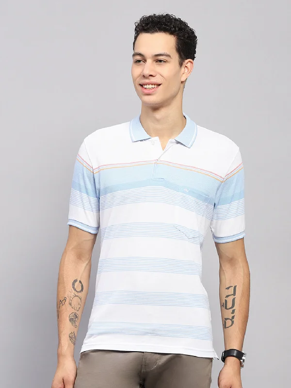 Men's summer fitness t-shirt-Men Blue Stripe Collar Half Sleeve T-Shirt