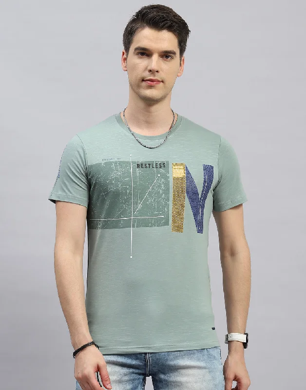 Men's organic athletic t-shirt-Men Green Printed Round Neck Half Sleeve T-Shirt