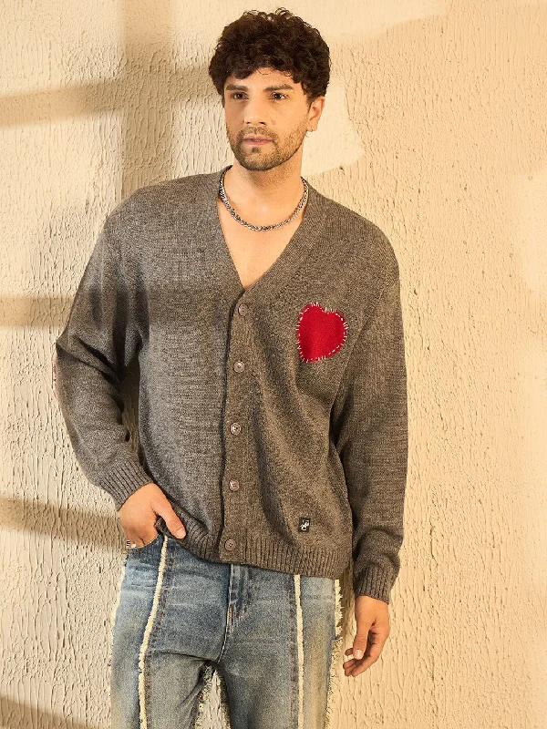 Men's easy-care knitwear-Men's modern fitness t-shirt-Charcoal Heart Knitted Cardigan