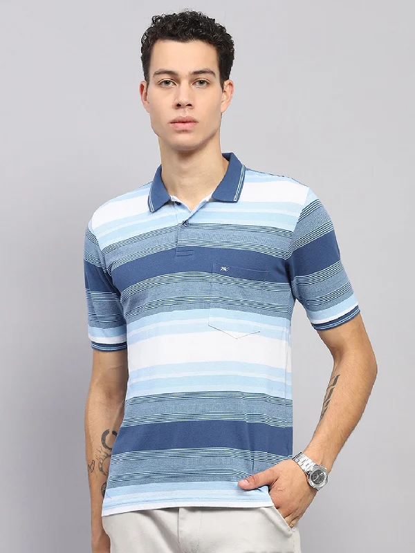 Men's versatile fitness t-shirt-Men Blue Stripe Collar Half Sleeve T-Shirt