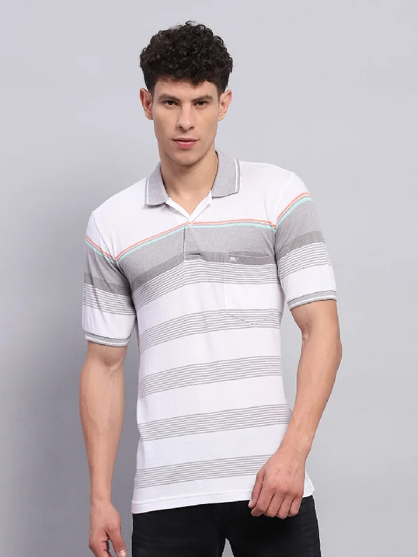 Men's ultra-breathable gym t-shirt-Men Grey Stripe Collar Half Sleeve T-Shirt