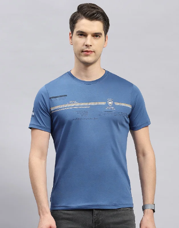 Men's sustainable athletic t-shirt-Men Blue Printed Round Neck Half Sleeve T-Shirt