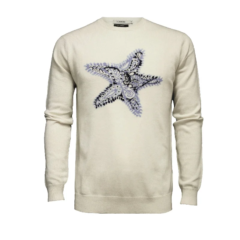 Men's gym sweater-Men's sustainable athletic t-shirt-Woolwhite Crew Neck Star Fish Intarsia Palavan