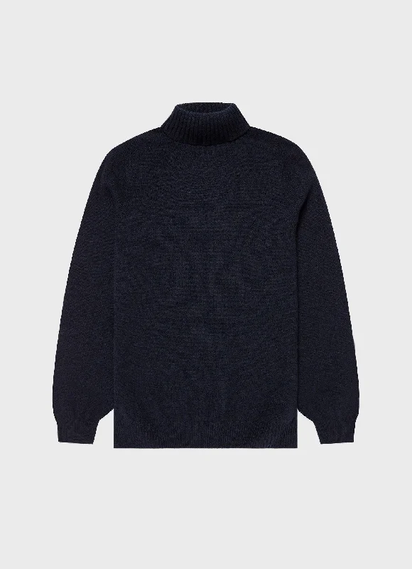 Men's weekend knit-Men's organic athletic t-shirt-Men's Lambswool Roll Neck in Dark Navy Mouline