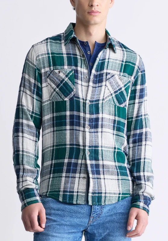 Men's tailored shirt-Men's casual athletic wear t-shirt-Saolo Men's Long-Sleeve Plaid Shirt, Forest Green - BM24425