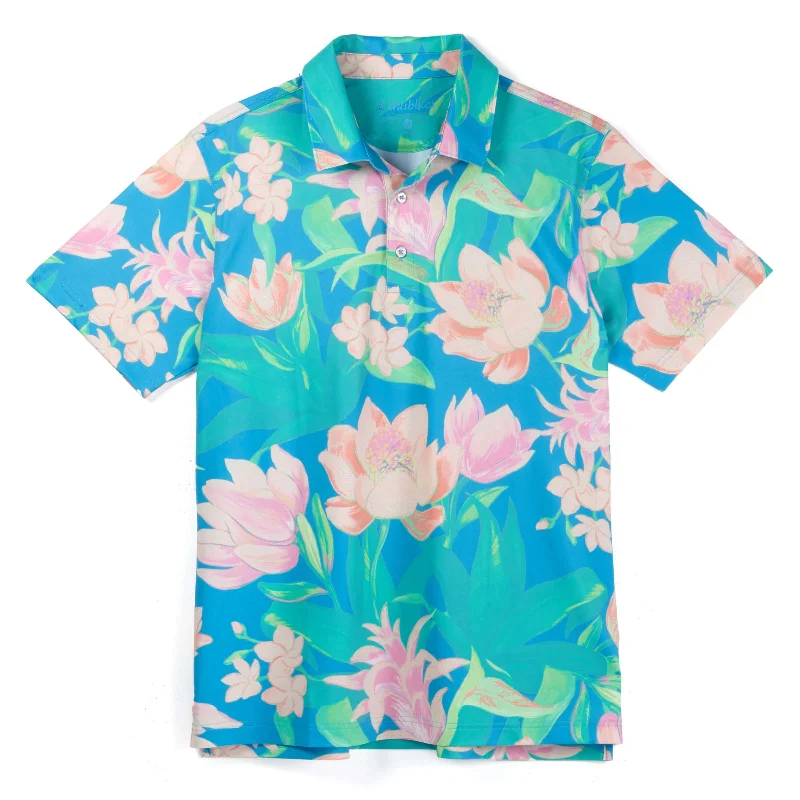 Men's organic travel polo shirt-Men's relaxed fit performance t-shirt-Chubbies The Stop & Smell The Roses Performance Polo Shirt - Bright Blue