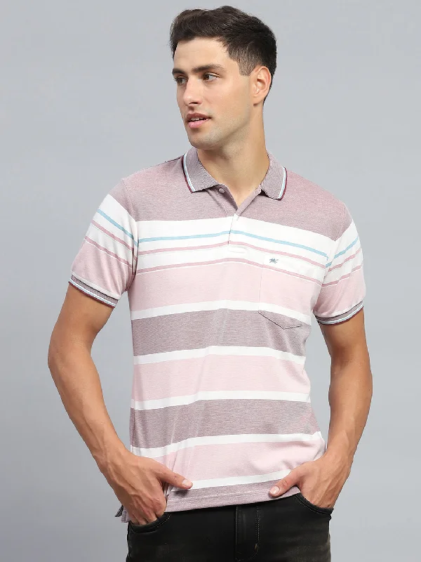 Men's fashion-forward activewear t-shirt-Men Pink Stripe Collar Half Sleeve T-Shirt