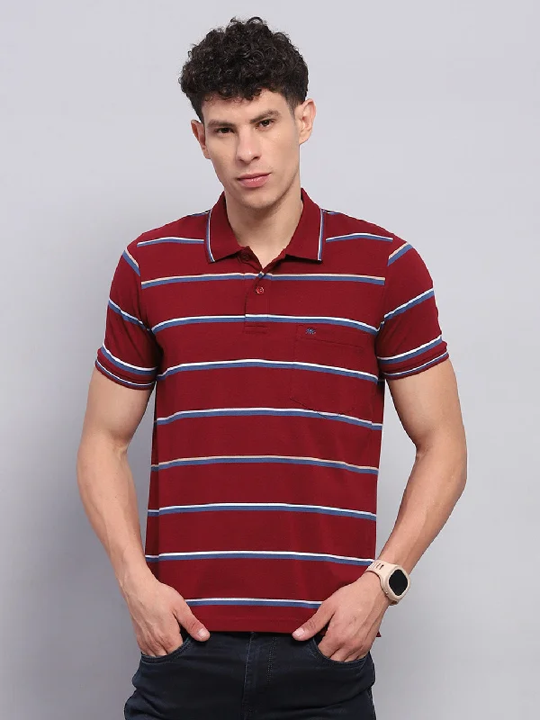 Men's premium workout t-shirt-Men Maroon Stripe Collar Half Sleeve T-Shirt