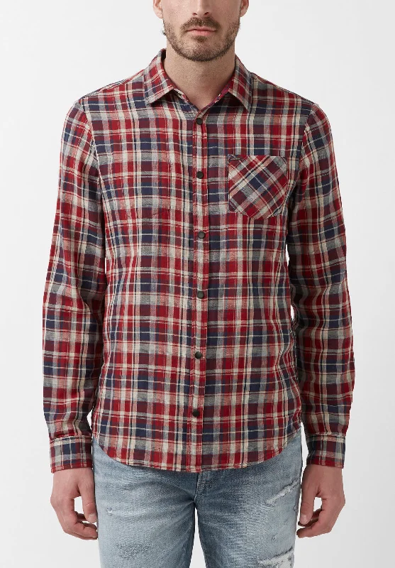 Men's regular fit shirt-Men's workout-ready athletic t-shirt-Surza Men’s Long-Sleeve Reversible Shirt in Red Plaid - BM24056