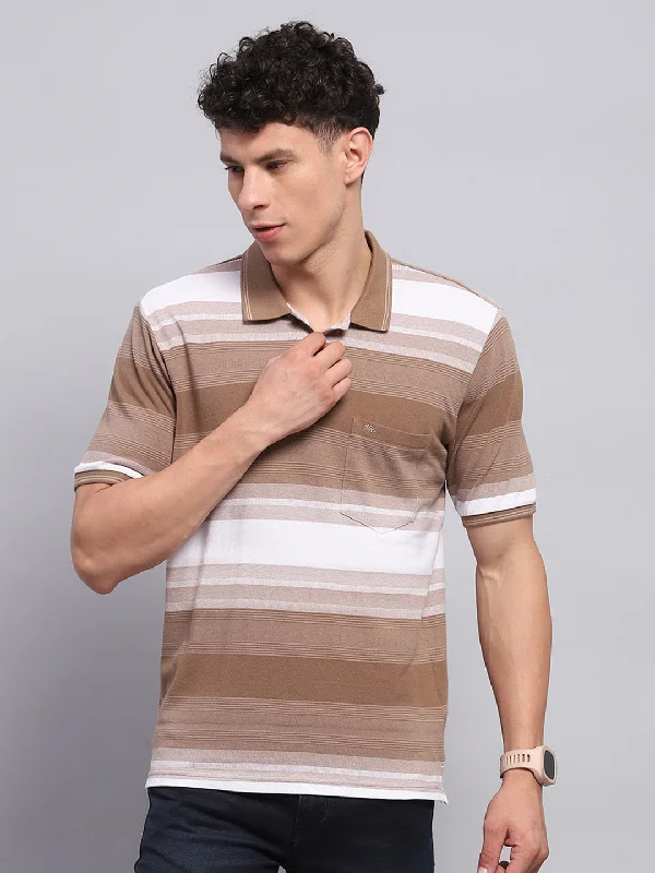 Men's workout-ready athletic t-shirt-Men Khaki Stripe Collar Half Sleeve T-Shirt