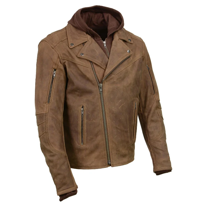 Men's softshell jacket-Men's workout-ready athletic t-shirt-Milwaukee Leather MLM1511 Men's 'Vagabond' Vintage Crazy Horse' Brown Leather Jacket w/ Removable Hoodie