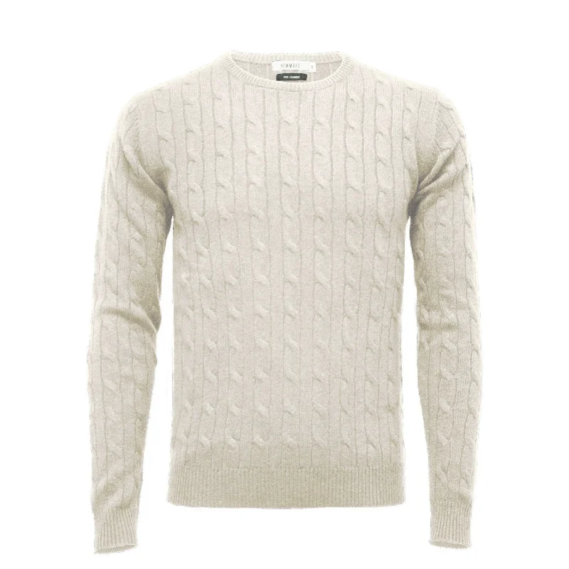 Men's casual knit sweater-Men's summer fitness t-shirt-White Cashmere Crew Neck Cable Sweater