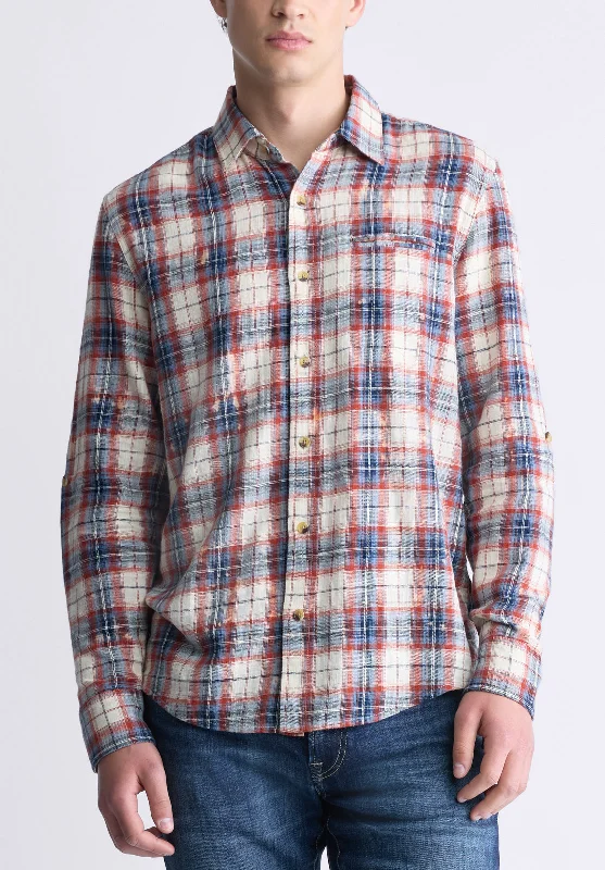 Men's dress shirt-Men's ultra-breathable gym t-shirt-Simbio Men's Long-Sleeve Plaid Shirt, Beige, Blue & Red - BM24429