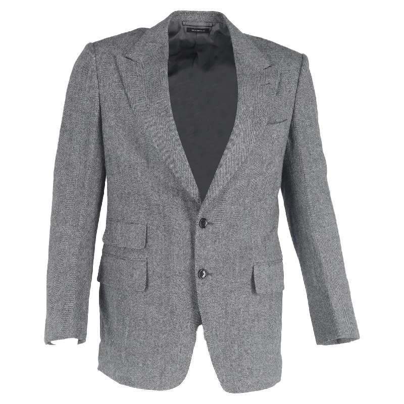 Men's tailored coat-Men's modern fitness t-shirt-Tom Ford Herringbone Single-Breasted Blazer with Pockets in Grey Wool