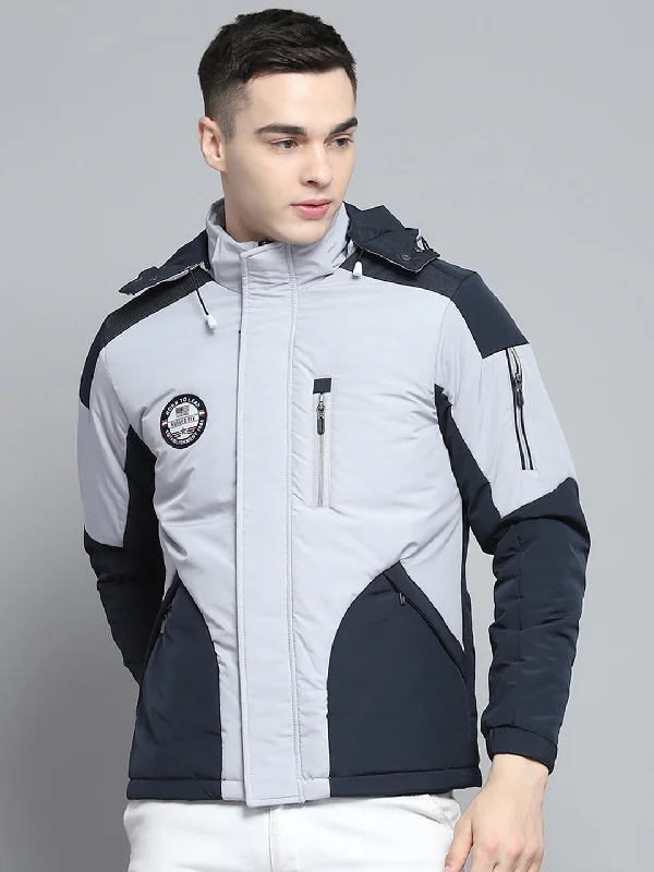 Men's all-season jacket-Men's tech fabric workout wear t-shirt-Men Grey Solid Hooded Full Sleeve Jacket