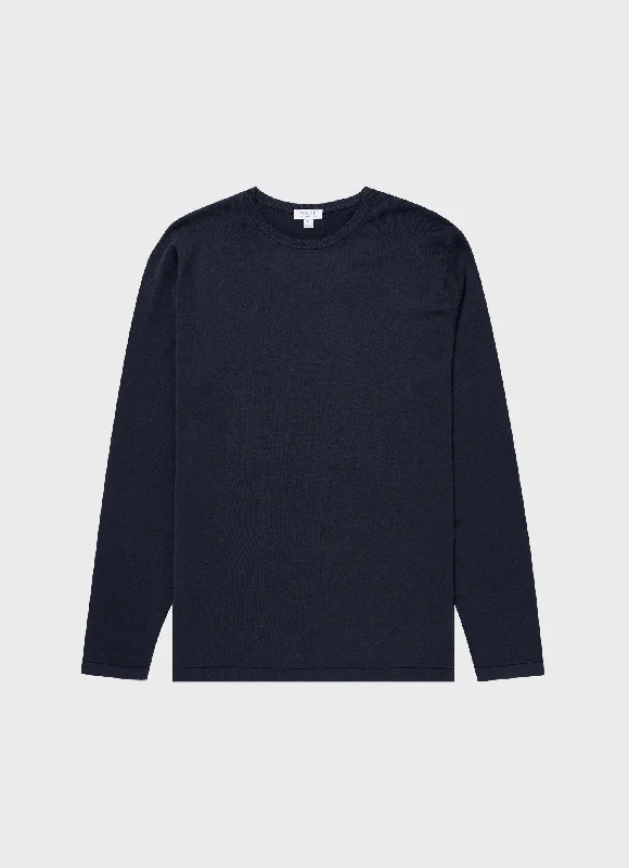 Men's sleep knit-Men's eco-friendly gym t-shirt-Men's Sea Island Cotton Crew Neck Jumper in Light Navy