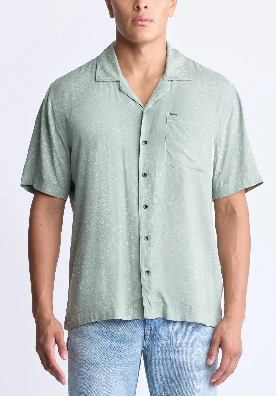 Men's sportswear shirt-Men's sustainable athletic t-shirt-Santi Men's Paisley Print Short-Sleeve Button-Up Shirt, Iceberg green - BM24521