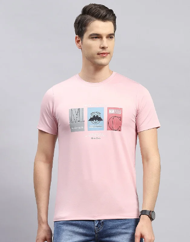 Men's durable sports t-shirt-Men Pink Printed Round Neck Half Sleeve T-Shirt