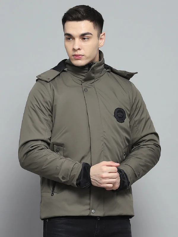 Men's streetwear jacket-Men's breathable performance t-shirt-Men Olive Solid Detachable Hood Full Sleeve Jacket