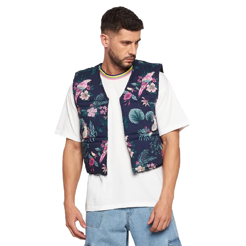 Men's trendy jacket-Men's fashion-forward activewear t-shirt-Navy Floral Print Sleeveless Puffer Jacket