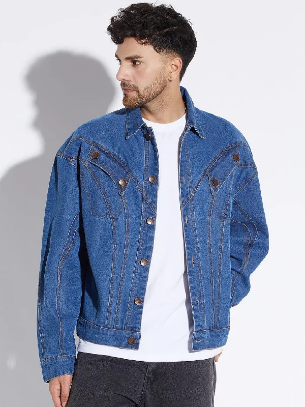 Men's expedition jacket-Men's relaxed fit performance t-shirt-Mid Wash Wavy Panelled Oversized Denim Jacket