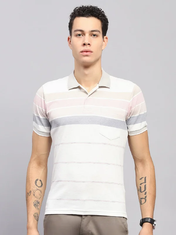 Men's breathable performance t-shirt-Men Pink Stripe Collar Half Sleeve T-Shirt