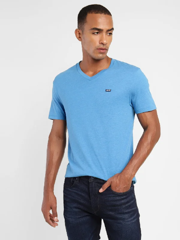 Men's lightweight athletic wear t-shirt-Men's Solid V Neck T-shirt Blue