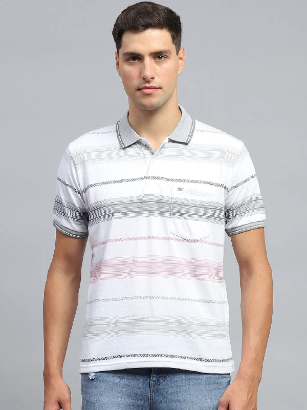 Men's summer fitness t-shirt-Men White Stripe Collar Half Sleeve T-Shirt