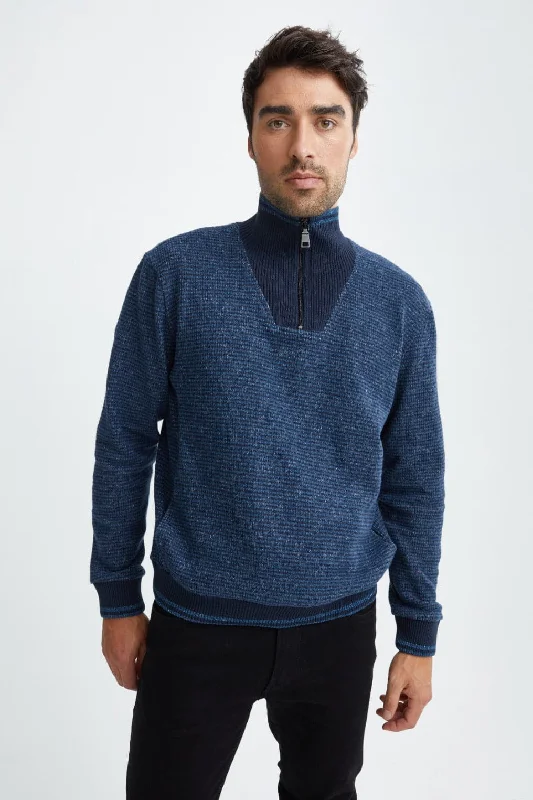 Men's casual knit sweater-Men's performance sports t-shirt-Navy Quarter Zip Knit Sweater