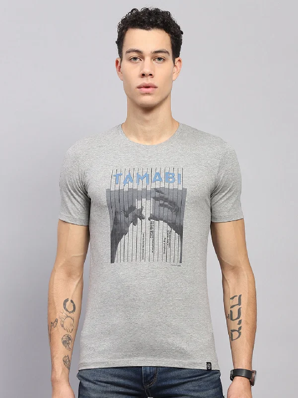 Men's sustainable athletic t-shirt-Men Grey Printed Round Neck Half Sleeve T-Shirt