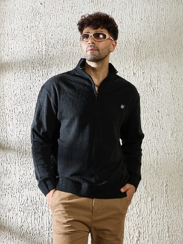 Men's casual sweater-Men's fashion-forward activewear t-shirt-Black Turtleneck Quarter Zip Sweater