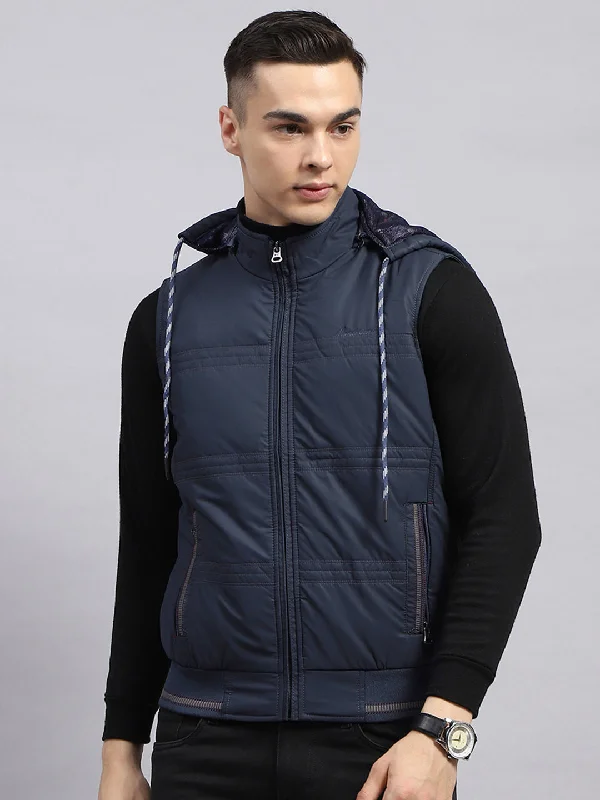 Men's trendy jacket-Men's casual athletic wear t-shirt-Men Navy Blue Solid Detachable Hood Sleeveless Jacket