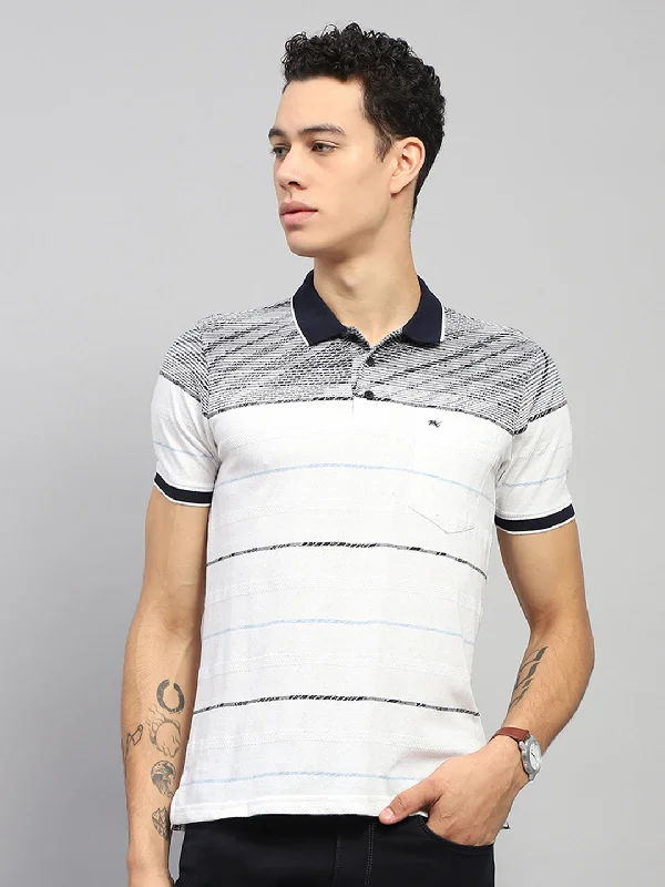 Men's relaxed fit performance t-shirt-Men White Stripe Collar Half Sleeve T-Shirt