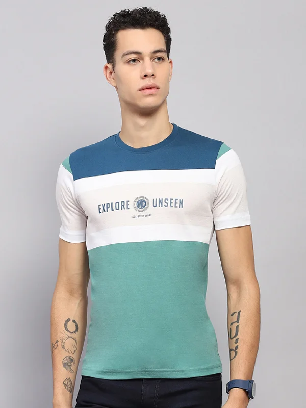 Men's fashion-forward activewear t-shirt-Men Blue & Green Stripe Round Neck Half Sleeve T-Shirt