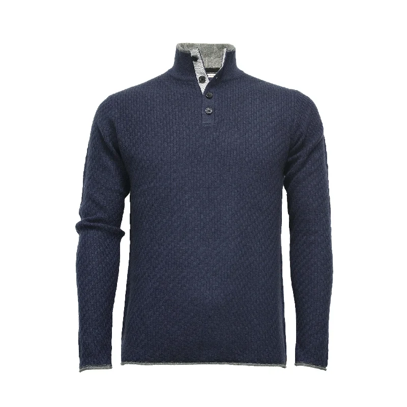 Men's running sweater-Men's versatile fitness t-shirt-Cashmere Sweater Button Neck Andromeda in Carbon Stitch Indigo