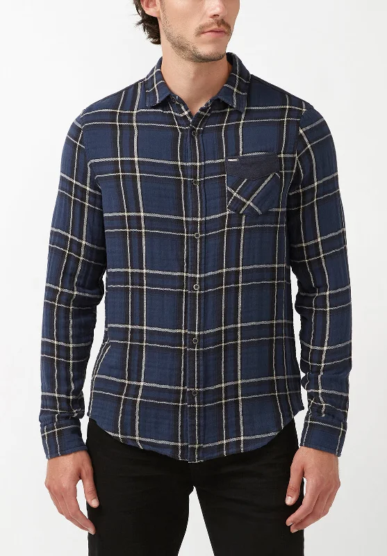 Men's oxford shirt-Men's lightweight athletic wear t-shirt-Sujay Men's Long-Sleeve Shirt in Navy Plaid - BM24117