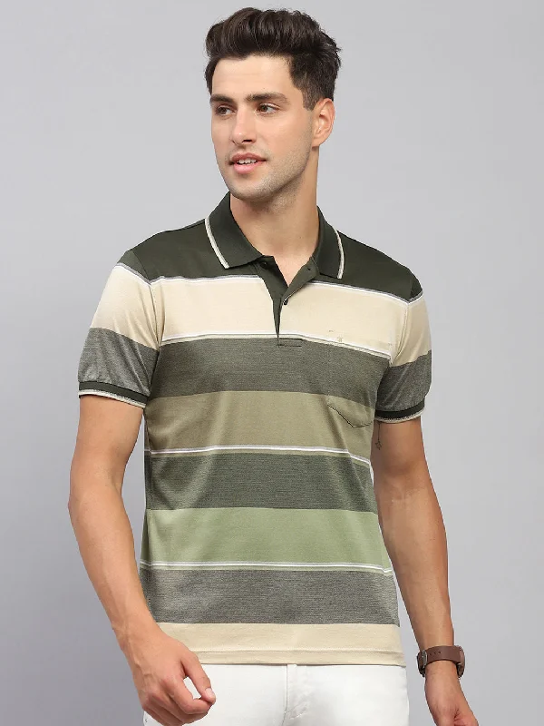 Men's lightweight athletic wear t-shirt-Men Olive Stripe Collar Half Sleeve T-Shirt