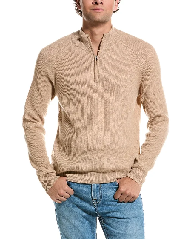 Men's weekend sweatshirt-Men's organic athletic t-shirt-Amicale Cashmere Two-Tone Plaited Rib Cashmere 1/4-Zip Sweater