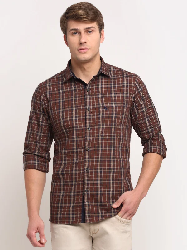 Men's resort shirt-Men's modern fitness t-shirt-Cotton Checkered Brown Full Sleeve Casual Shirt for Men with Pocket