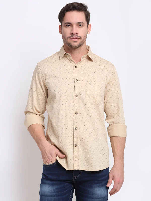 Men's casual dress shirt-Men's relaxed fit performance t-shirt-Men Cotton Printed Khaki Full Sleeve Casual Shirt for Men with Pocket