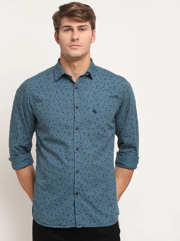 Men's stylish shirt-Men's lightweight athletic wear t-shirt-Men Cotton Printed Blue Full Sleeve Casual Shirt for Men with Pocket