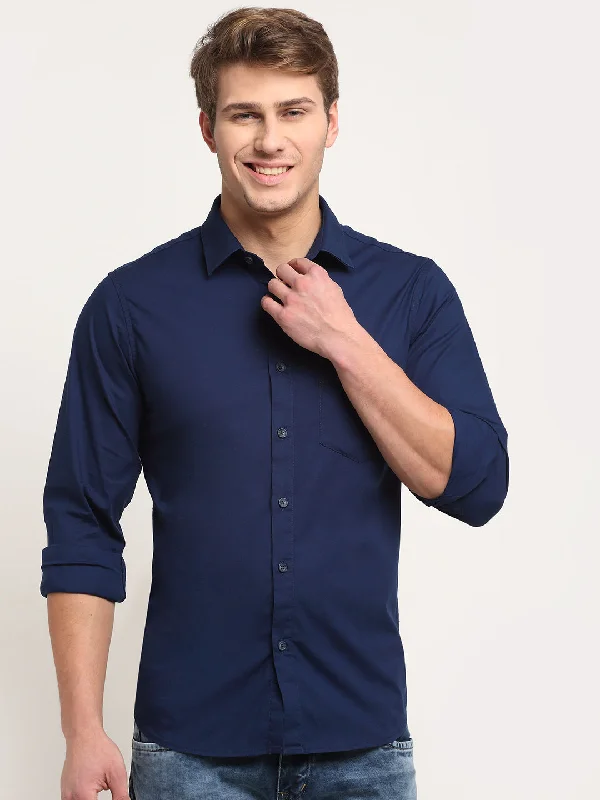 Men's breathable shirt-Men's summer fitness t-shirt-Cotton Blend Solid Blue Full Sleeve Casual Shirt for Men with Pocket