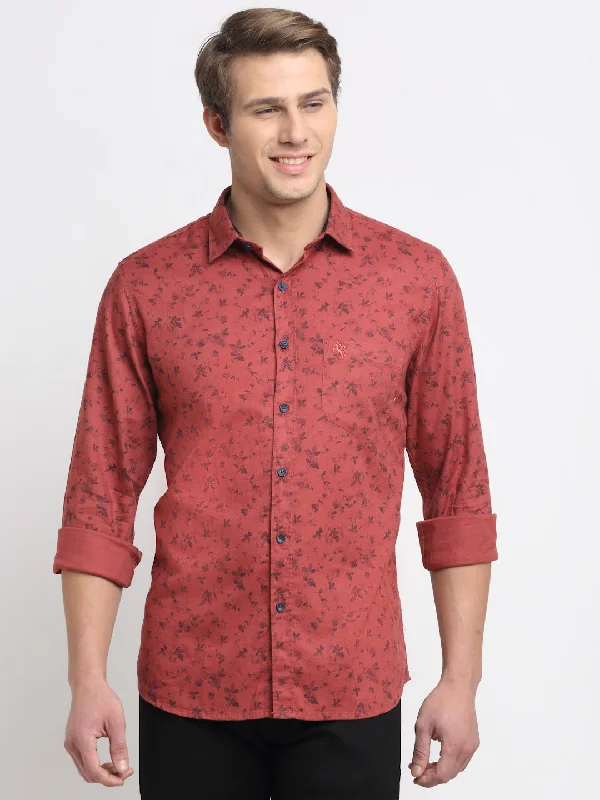 Men's cotton shirt-Men's high-performance workout t-shirt-Men Cotton Printed Red Full Sleeve Casual Shirt for Men with Pocket